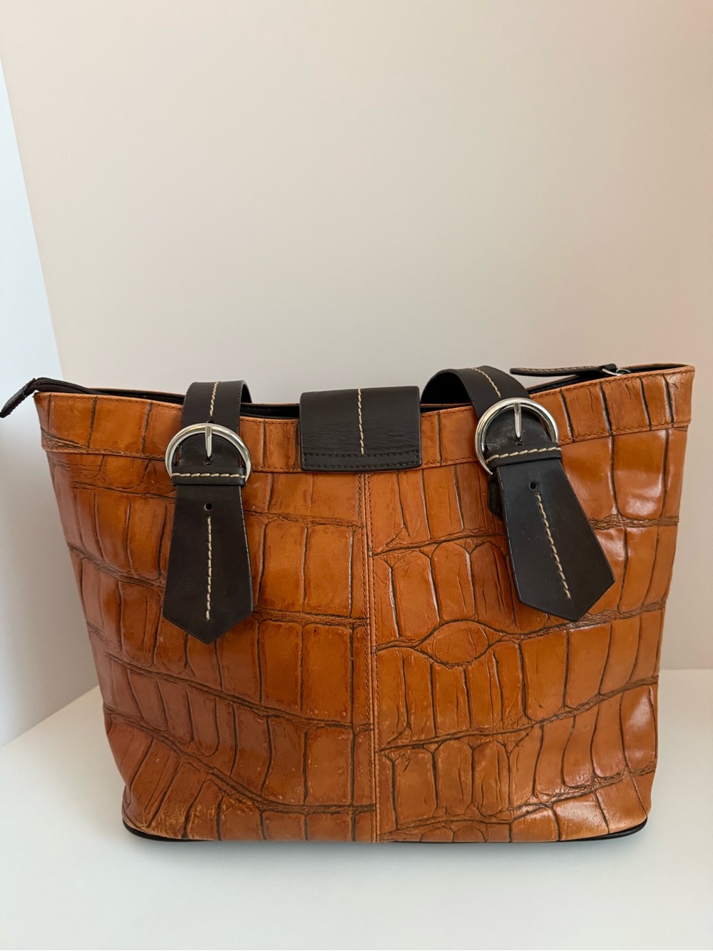 Vintage Coldwater Creek Brown Croc Embossed Leather Tote Shoulder Bag